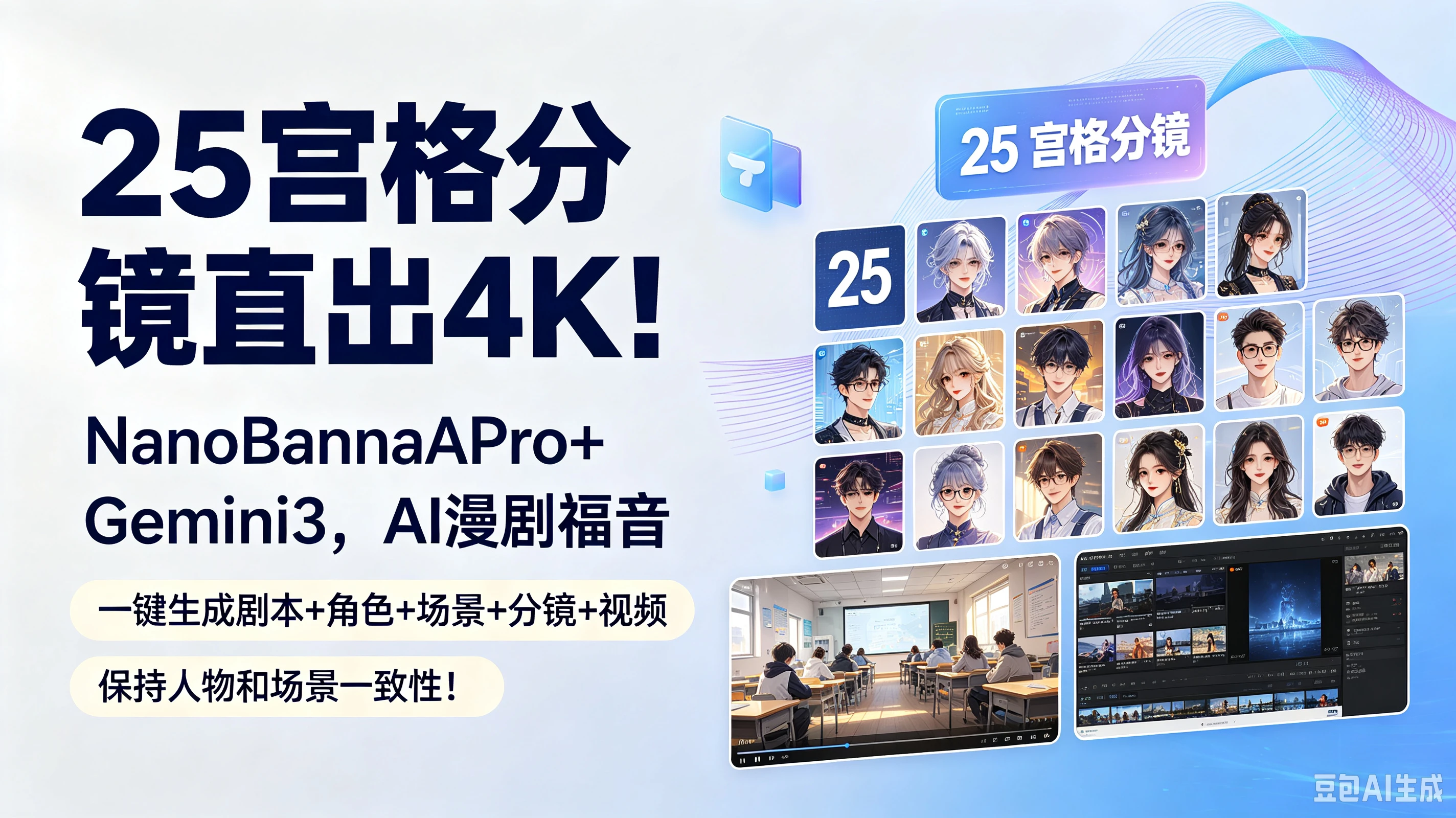 【精】25宫格分镜直出4K！NanoBananaPro+Gemini3，AI漫剧福音（一键生成剧本+角色+场景+分镜+视频）保持人物和场景一致性！-归山创客