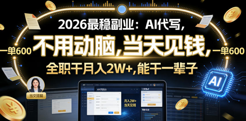 2026最稳副业：AI代写，不用动脑，当天见钱，一单600，全职干月入2W+，能干一辈子【揭秘】-归山创客