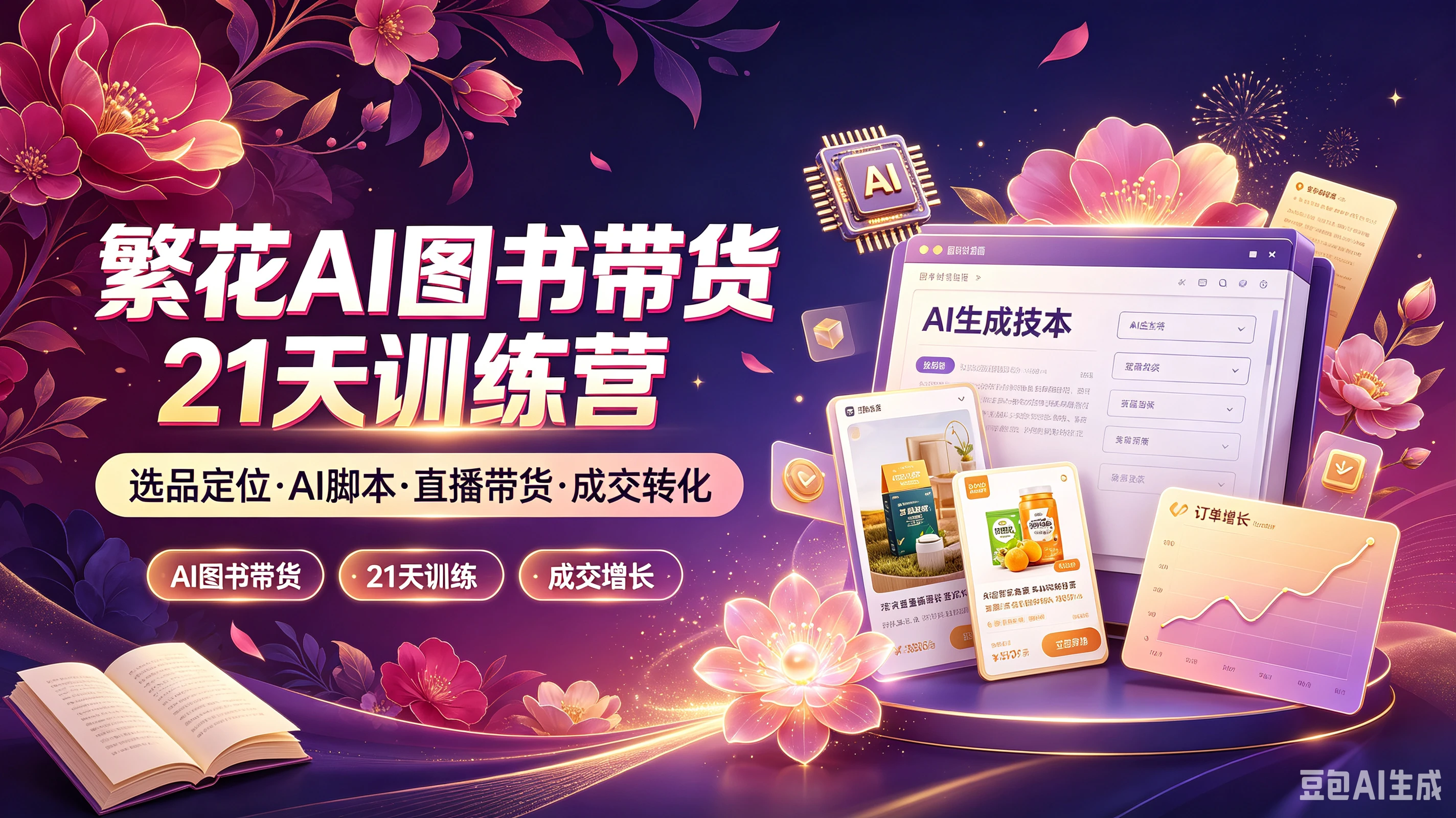【精】繁花AI图书带货21天训练营,选品定位·AI脚本·直播带货·成交转化,AI图书带货、21天训练、成交增长-归山创客
