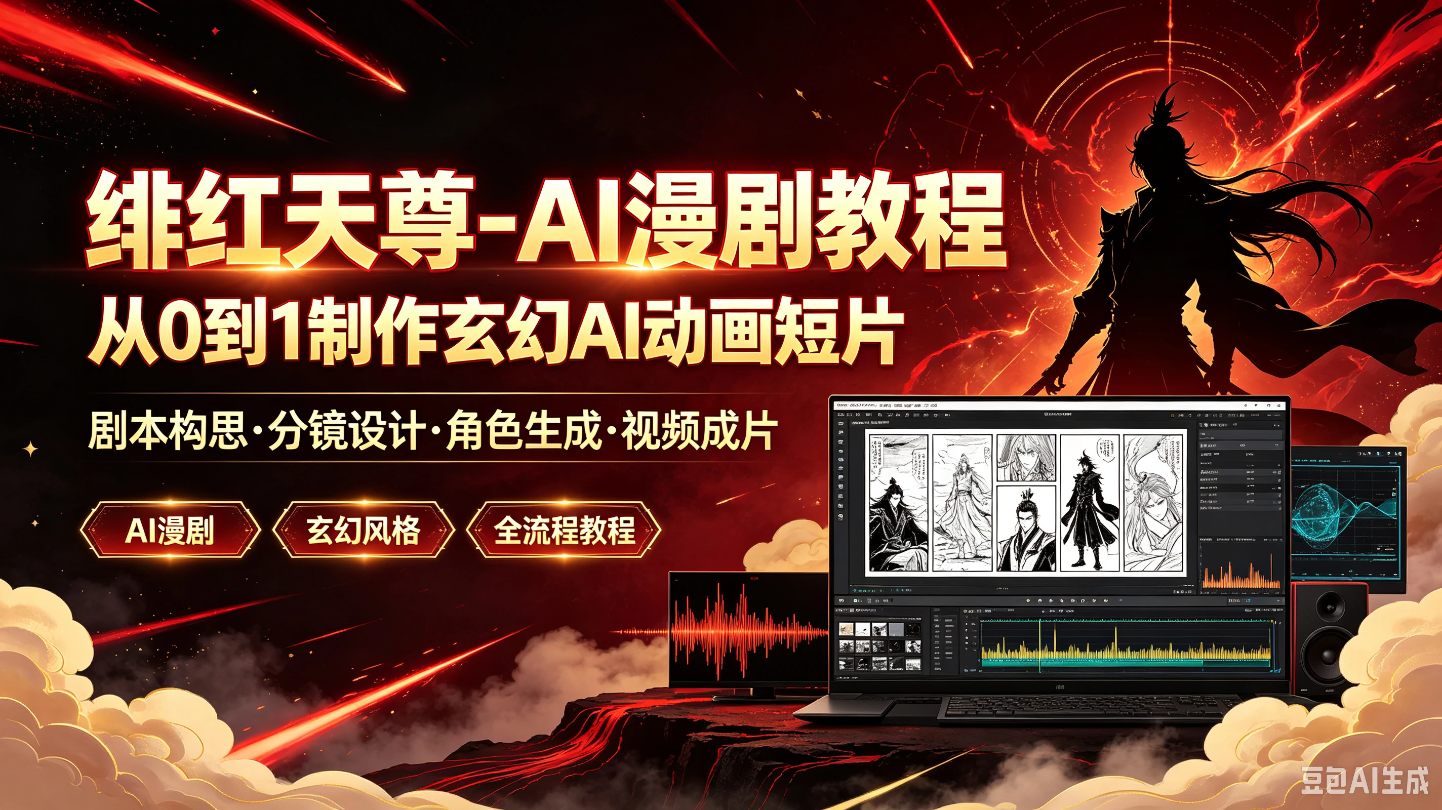 【精】绯红天尊-AI漫剧教程从O到1制作玄幻AI动画短片,剧本构思·分镜设计·角色生成·视频成片-归山创客