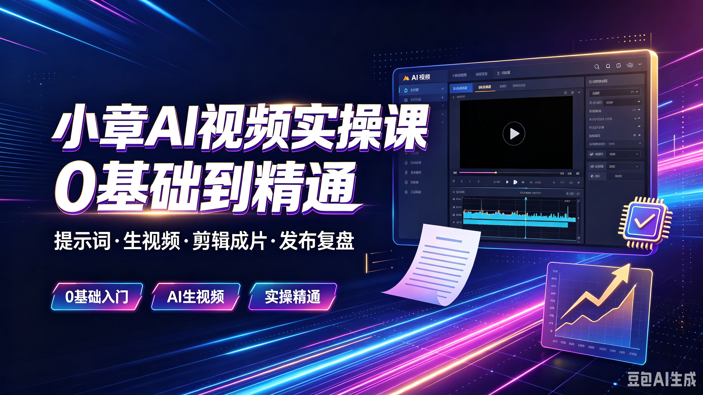 【精】小章AI视频实操课O基础到精通，提示词·生视频·剪辑成片·发布复盘，0基础入门、Al生视频、实操精通-归山创客