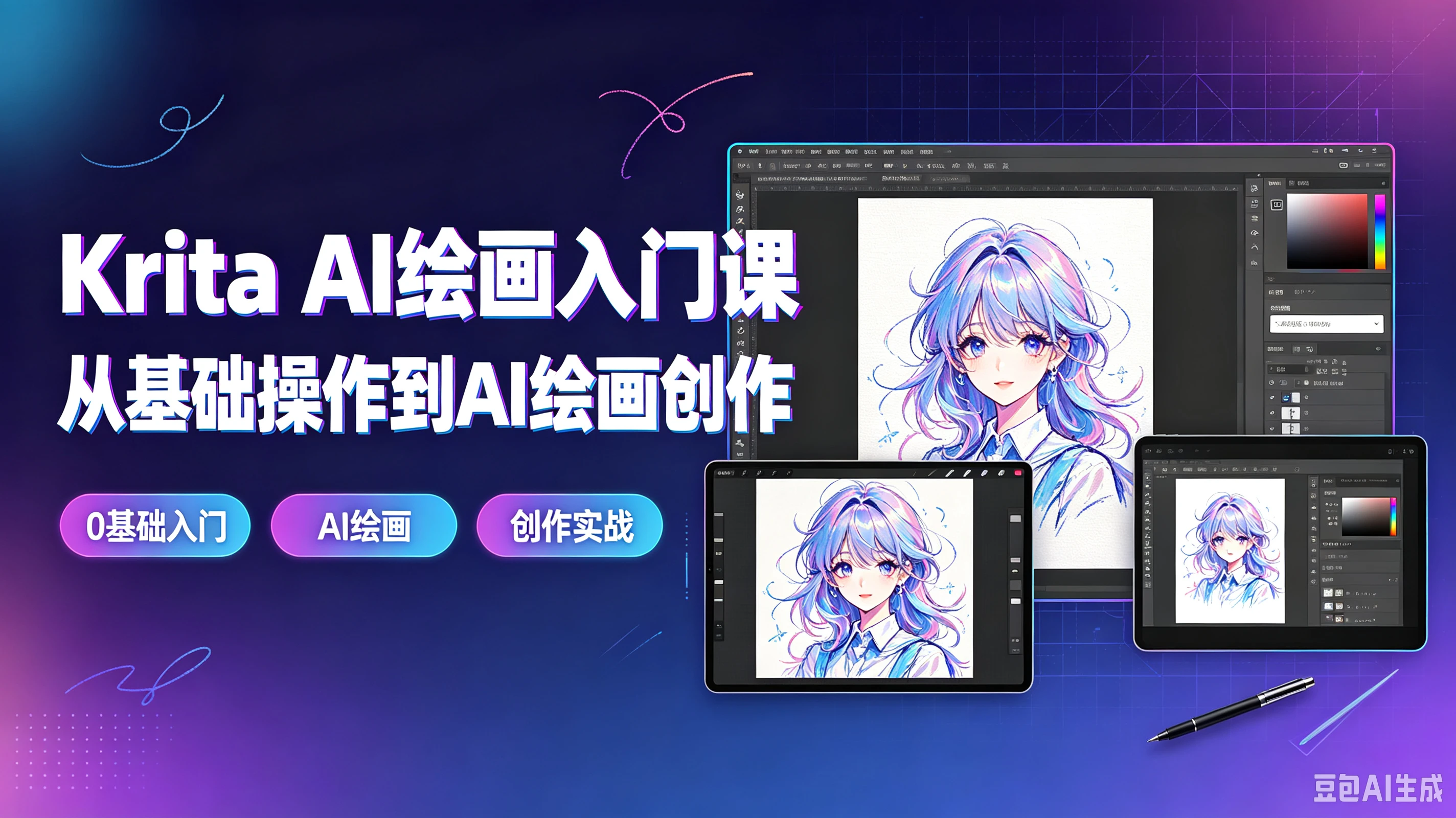 【精】Krita AI绘画入门课从基础操作到AI绘画创作,0基础入门、Al绘画、创作实战-归山创客