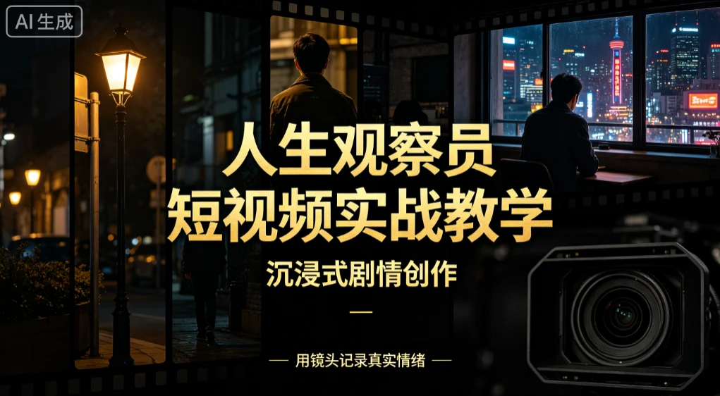 人生观察员短视频实战教学 沉浸式剧情创作 零基础打造爆款视频 接商单广告 独家精选分成收益-归山创客