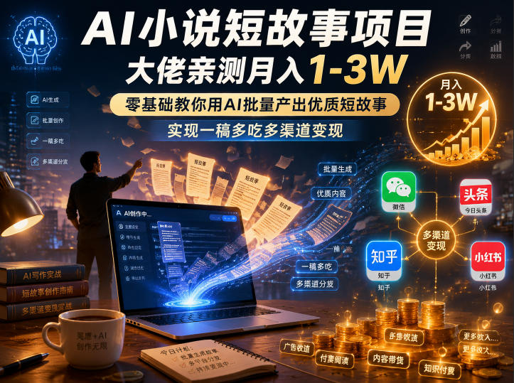 【精】AI小说短故事项目，大佬亲测月入1-3W，零基础教你用AI批量产出优质短故事，实现一稿多吃多渠道变现-归山创客