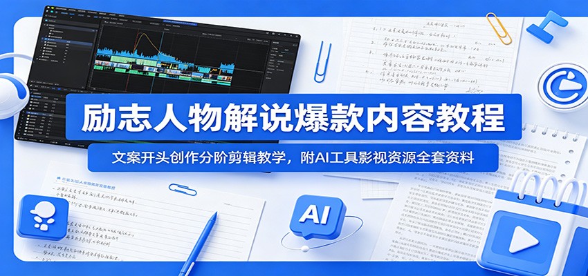 励志人物解说爆款内容教程：文案开头创作分阶剪辑教学，附AI 工具影视资源全套资料-归山创客