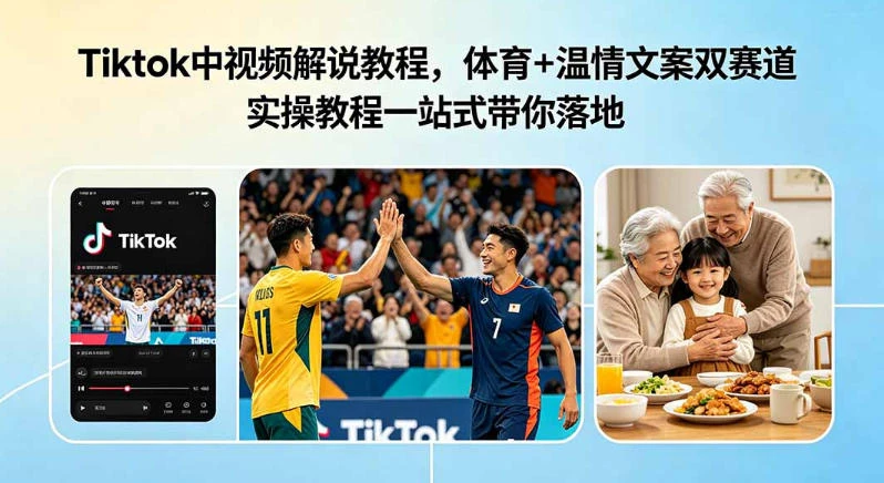 Tiktok中视频解说教程，体育+温情文案双赛道实操教程一站式带你落地，教你出海賺美刀-归山创客