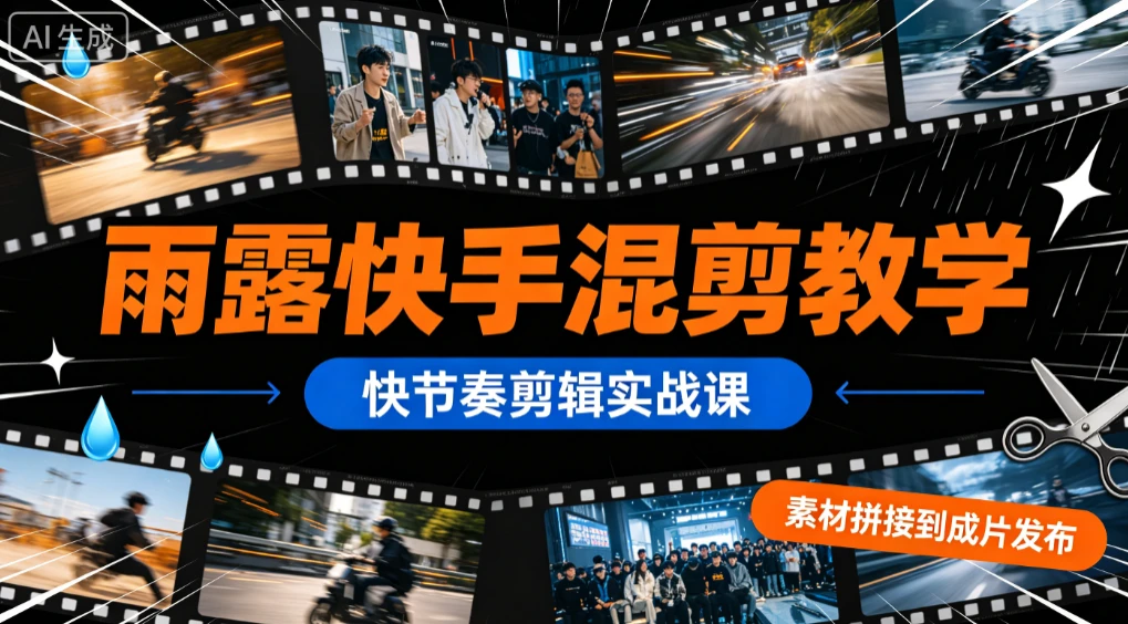 【精】雨露快手混剪教学，快节奏剪辑实战课，素材拼接到成片发布-归山创客