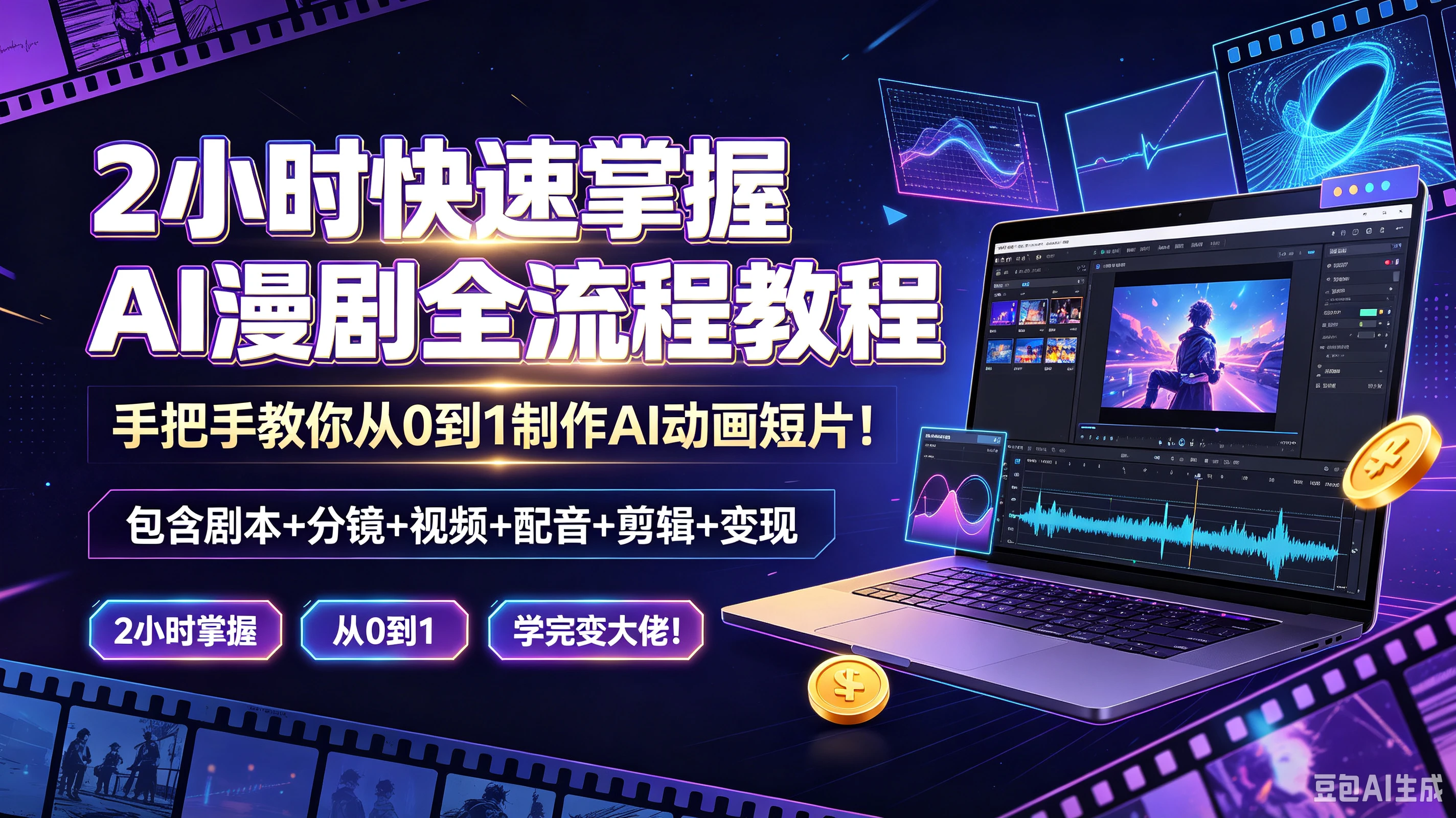 【精】2小时快速掌握AI漫剧全流程教程，手把手教你从0到1制作A动画短片！包含剧本+分镜+视频+配音+剪辑+变现，2小时掌握、从0到1、学完变大佬！-归山创客