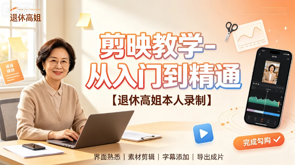 【精】剪映教学-从入门到精通，退休高姐本人录制，界面熟悉、素材剪辑、字幕添加、导出成片-归山创客