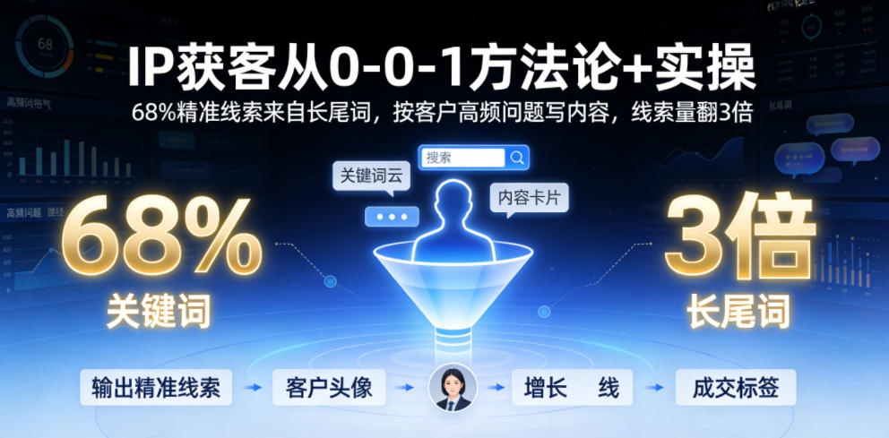 IP获客从0-1方法论+实操，68%精准线索来自长尾词，按客户高频问题写内容，线索量翻3倍-归山创客