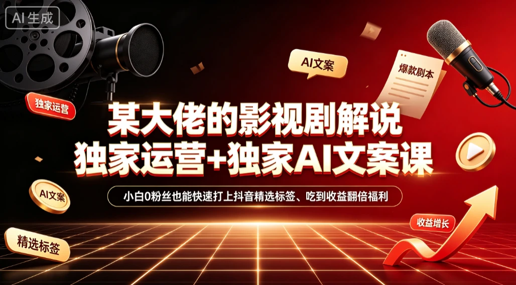 【精】某大佬的影视剧解说独家运营+独家AI文案课，小白0粉丝也能快速打上抖音精选标签、吃到收益翻倍福利-归山创客