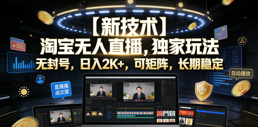 【新技术】淘宝无人直播，独家玩法，无封号，日入2K+，可矩阵，长期稳定【揭秘】-归山创客