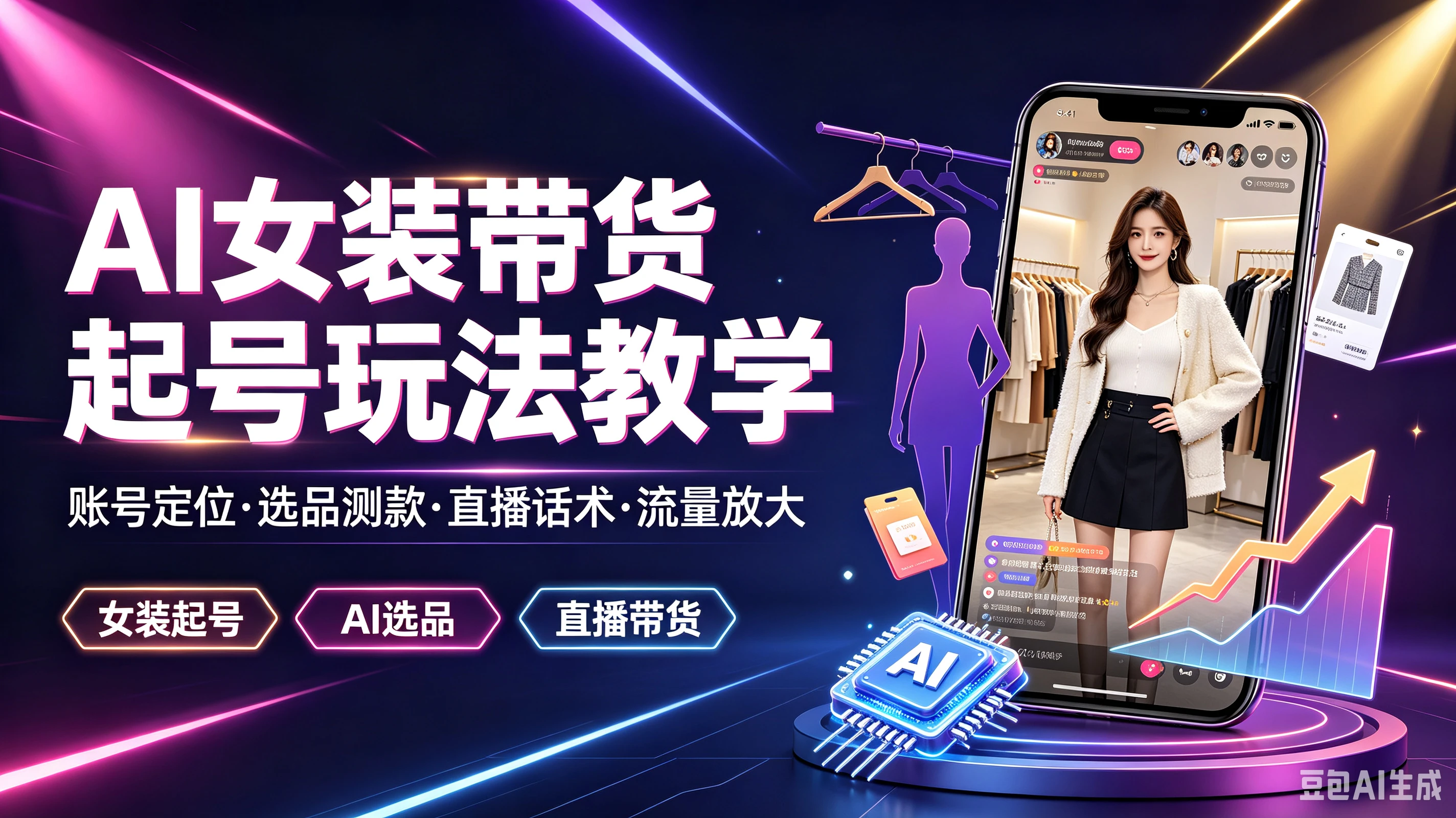 【精】AI女装带货起号玩法教学,帐号定位·选品测款·直播话术·流量放大,女装起号、Al选品、直播带货-归山创客