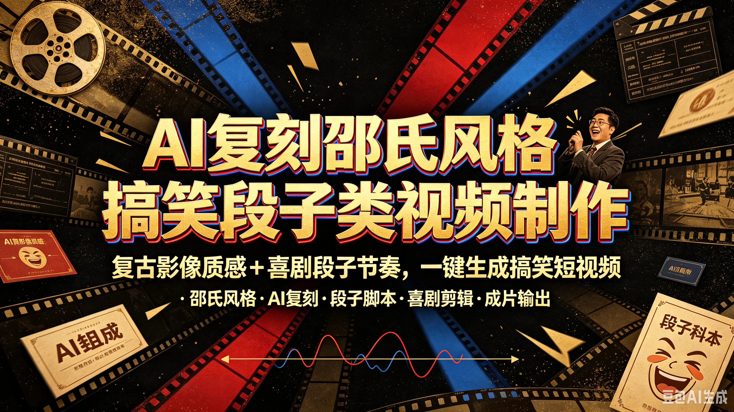 AI复刻邵氏风格搞笑段子类视频制作，复古影像质感+喜剧段子节奏，一键生成搞笑短视频-归山创客