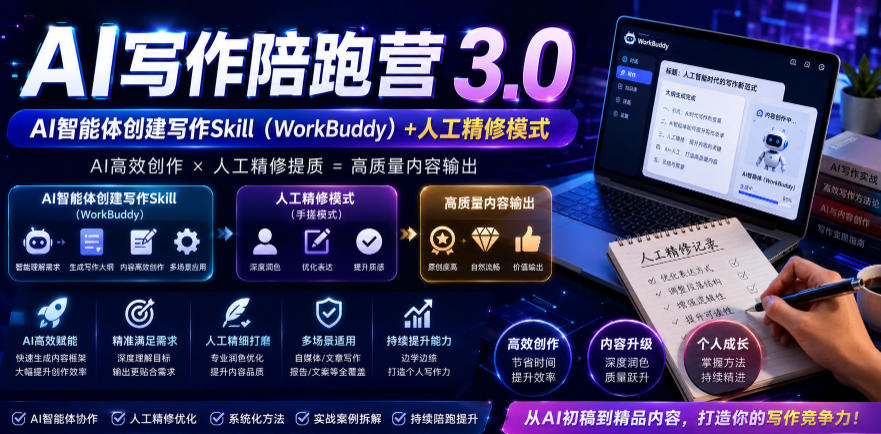 【精】AI写作陪跑营3.0，Ai智能体创建写作skill（workbuddy）+人工手写模式（手搓模式），去除AI痕迹（头条号、公众号、百家号）-归山创客