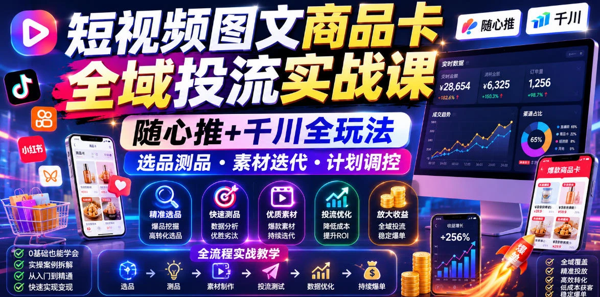 【精】短视频图文商品卡全域投流实战课，随心推+千川全玩法，选品测品・素材迭代・计划调控，提升ROI爆单增收教程-归山创客
