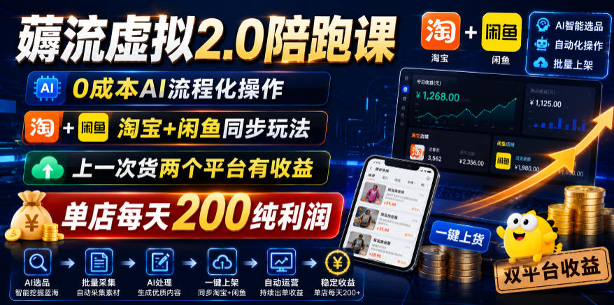 薅流虚拟2.0陪跑课，0成本AI流程化操作，淘宝+闲鱼同步玩法，上一次货两个平台有收益，单店每天200纯利润-归山创客