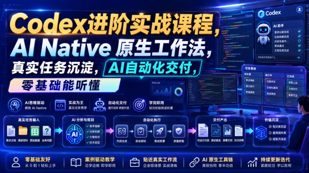 【精】Codex进阶实战课｜AI Native原生工作法，22节真实任务落地，从配置到AI自动化交付全链路教程-归山创客