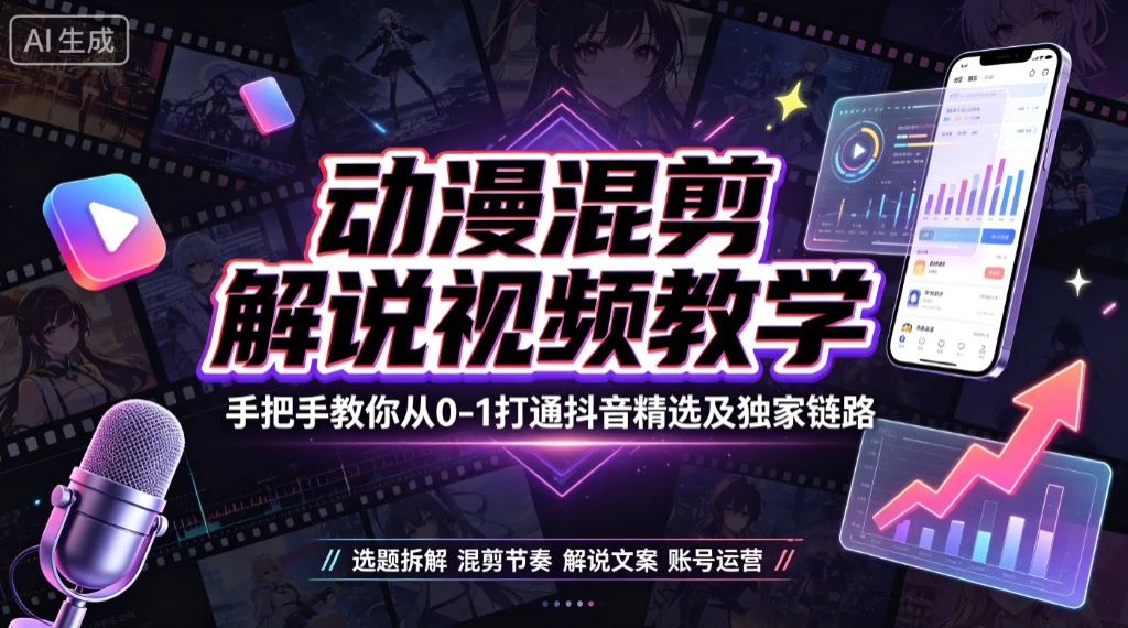 【精】抖音某大佬的动漫混剪解说视频教学，手把手教你从0-1打通抖音精选及独家链路-归山创客