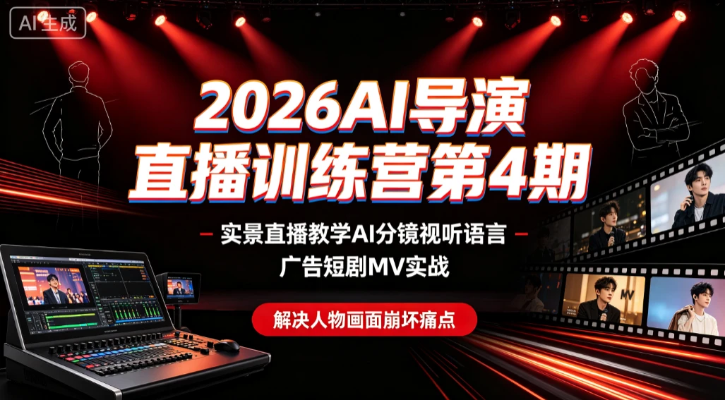 【精】2026AI导演直播训练营第4期，实景直播教学AI分镜视听语言，广告短剧MV实战，解决人物画面崩坏痛点-归山创客