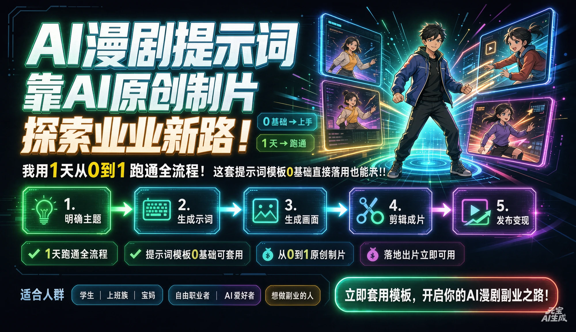 【精】AI漫剧.提示词靠AI原创制片探索副业新路！我用1天从0到1跑通全流程，这套提示词模板0基础直接套用也能落地出片！！-归山创客