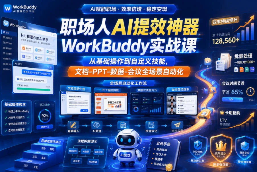 【精】职场人AI提效神器WorkBuddy实战课，从基础操作到自定义技能，文档-PPT-数据-会议全场景自动化-归山创客
