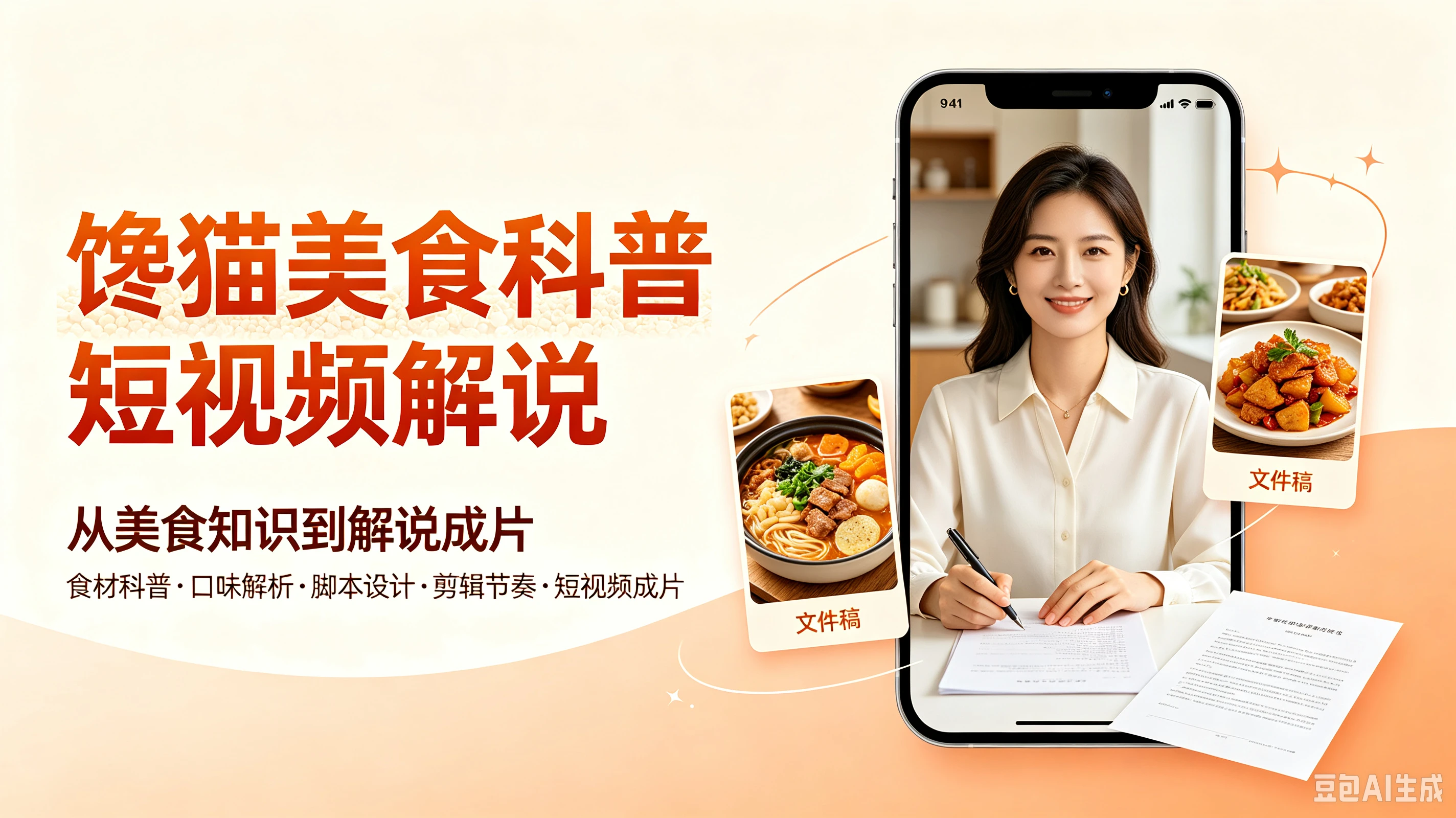 馋猫美食科普短视频解说,从美食知识到解说成片,食材科普、口味解析、脚本设计、剪辑节奏、短视频成片-归山创客