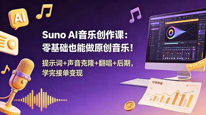 （18945期） Suno AI音乐创作课：零基础也能做原创音乐！提示词+声音克隆+翻唱+后期，学完接单变现-归山创客